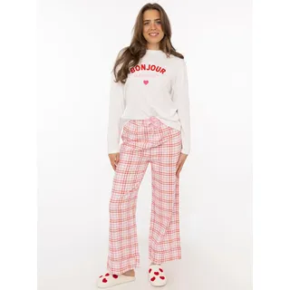 Pyjama ZWILLINGSHERZ "Bonjour Amour", Damen, Gr. S/M, rosa (pink), Obermaterial: 100% Baumwolle, Homewear-Sets Pyjama, Longsleeve mit Schriftzug und langer, karierter Hose