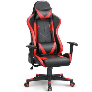 Yaheetech Bürostuhl mit Lendenstütze, Racing Stuhl belastbar bis 150 kg, ergonomischer Schreibtischstuhl, Drehstuhl mit verstellbare Kopfstütze, Rot