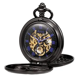 TREEWETO Unisex Taschenuhr mit Kette Analog Handaufzug Doppelscharnier Adler Skelett Römische Ziffern Schwarz/Silber/Bronze