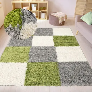CARPETIA Shaggy Hochflor Teppich Karomuster Grün Grau Creme 120x170 cm | Weich, pflegeleicht, strapazierfähig und allergikergeeignet, OEKO-TEX geprüft, schadstofffrei, für Fußbodenheizung