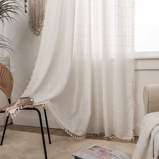 SASIGAYA Gardinen Baumwolle Leinen Boho Vintage Kariert Vorhang Weiß Bestickte Quasten Vorhänge Landhausstil Verdunklungsvorhänge für Modern Schlafzimmer Wohnzimmer H244×B132cm 2 Stück