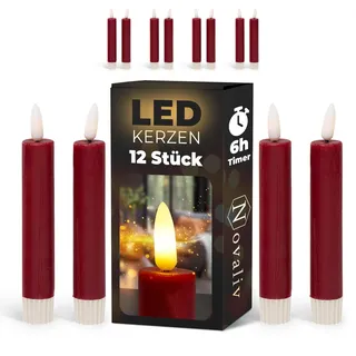 Novaliv Stabkerzen LED mit Timer ROT 12 Stück Indoor 6 Stunden ECHTWACHS 15cm Höhe für Kerzen 2,2cm Durchmesser 2 AAA Batterien notwendig LED Stabkerzen 4er Set 3X bewegliche Flamme Licht