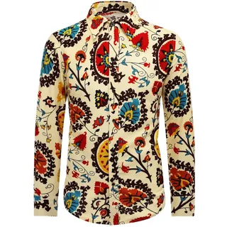 Allthemen Herren Blumen Hemden Leinen Bunte Hemd Langarmhemd Muster Paisley Freizeitshemd Langarm Casual Shirt - XXL
