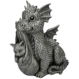 Figuren Shop GmbH Gartenfigur Garten Figur - Drache trägt Katze - Dekofigur Gartendeko grau