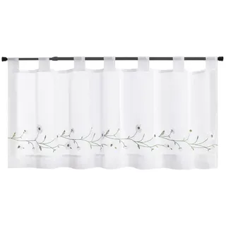 Joyswahl Scheibengardine Lily Kurzstore Bistrogardine Fenstergardine im Landhausstil (1 St), Schlaufen, transparent, Voile, Blumenstickerei am unteren Rand, für Küche und Flur weiß 140 cm x 45 cm