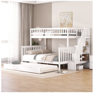 OKWISH Etagenbett Kinderbett Bett Einzelbett Gästebett Jugendbett (90 x 200 über 140 x 200 Etagenbett, mit Rollbett und Treppe, weiß) weiß