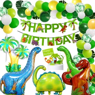 Dino Geburtstag Deko, Extra Großes Dino Party Kindergeburtstag Set - XXL Dino Folienballons, Happy Birthday Girlande, Dino Tortendeko, Ballon Girlande Grün, Dino Deko Kindergeburtstag Jungen Mädchen