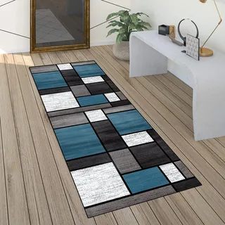 QQrunner Teppich läufer Flur Grau und Blau rutschfest 90x350cm Küchenteppich Patchwork Waschbar Meterware Schlafzimmer Korridor Teppich Lang, Länge Anpassbare, 40-120cm Breit