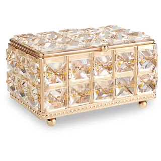 ELLDOO Kristall-Schmuckkästchen, rechteckig, mit Deckel, Ohrringe, Ringe, Vintage-Schatz, Andenken-Box für Valentinstag, Hochzeit, Kommode, Schlafzimmer, Dekoration, Gold