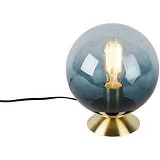 Qazqa - Art Deco Art Deco Tischlampe Messing mit blauem Glas - Pallon I Wohnzimmer I Schlafzimmer - Kugel I Kugelförmig - LED geeignet E27