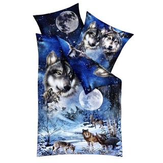 Bettwäsche JACK by Kaeppel 135x200cm Wolf Wölfe Mond, JACK, Mako-Satin, 2 teilig, hochwertiger Digitaldruck mit einem eindrucksvollem Wolfmotiv blau
