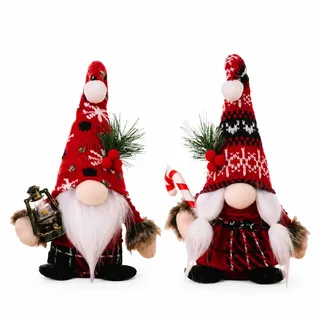 Jutojuvuw 2 rote Wichtel Figuren als kleine Weihnachtsdeko | Plüsch-Weihnachtswichtel, je 24 cm hoch, mit Laterne und Zuckerstange für Regal, Konsole oder Fensterbank