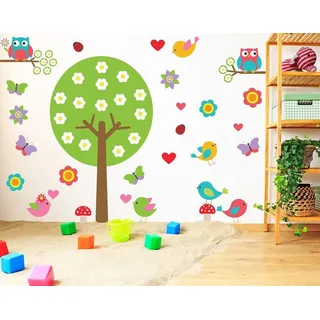 Decords Wandtattoo – Kinderzimmerbaum mit Eulen, Vögeln und Schmetterlingen, 231 cm
