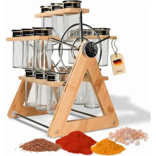 Coradoma Gewürzregal aus Holz - Drehbares Gewürzkarussell mit 15 Gewürzdosen | Gewürzgläser Spice Rack | Gewürzständer und Küchenregal - Küchen Organizer zur Gewürzaufbewahrung
