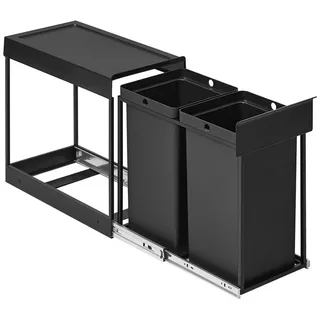 SONGMICS Mülleimer Mülltrennsystem für Unterschrank, Mülleimer küche, Abfalleimer 2 Fächer, ausziehbar, Stahlrahmen, 2X15L / 2X20L schwarz 30 l