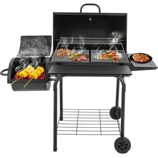 Freistehende Holzkohlegrills, Familiengröße Räuchergrill Mit Beistelltisch, Rollen Und Ablagen Für Lebensmittel, 147×70×126 Cm