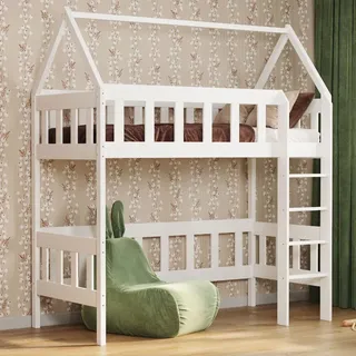 Loft Bed Hausbett Etagenbett Kinder Hochbett Mit Treppe Kinderhochbett Hoch Bett Erwachsene Jugendliche, 90x190 weiß - Weiß