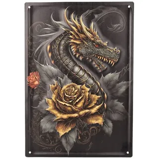 Figuren Shop GmbH Metallschild Blechschild - Goldener Rosen Drache - Fantasy Wanddeko Metallschild bunt