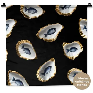 MuchoWow Wandteppich Austern - Fisch - Blau - Gold, Quadratisch, Höhe: 3 mm, Wand Teppich, Deko für an den Wand, 60x60 cm blau Quadratisch | 60 cm x 60 cm x 3 mm