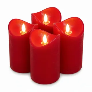 ToCi 4 x LED Kerzen Hellrot 7,5 x 15 cm – Echtwachskerzen flammenlos mit beweglicher Flamme & Timer - Stumpenkerzen mit LED-Licht für Advent, Deko, Grablicht, Innenbereich