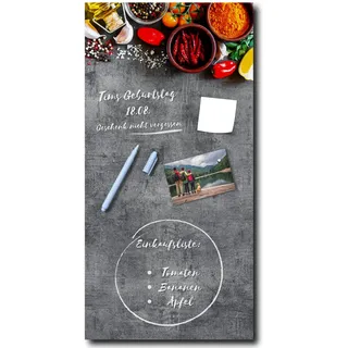 Memoboard Grey Spices L 30 x 60 cm | Magnettafel aus Glas zum beschriften hochkant | Optimal geeignet für Küche und Esszimmer als funktionaler Eyecatcher | Gewürze Paprika Öl Kräuter grau bunt