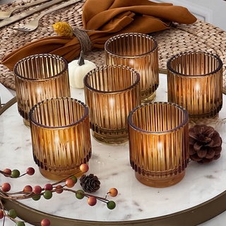 Kate Aspen Vintage Gerippte Teelichthalter und Votivkerzenhalter aus Glas (6 Stück), Herbstdekor, Boho-Dekor, Regaldekoration (27206AB)
