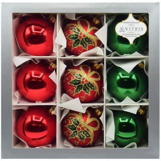 Vitbis Glas Weihnachtskugeln Set von 9 Stück 8 cm Durchmesser Handgefertigt perfekt für Weihnachten einzigartige Sammlung für den Weihnachtsbaum in rot und grün Farbe