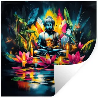MuchoWow Wandsticker Kerzen - Blumen - Buddha - Wasser (1 St), Wandaufkleber, Selbstklebend, Wohnzimmer, 50x50 cm 50 cm x 50 cm x 0.1 cm