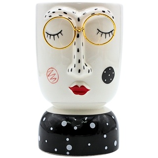 Keramik Vase mit Gesicht und Goldener Brille, Blumenvase, schwarz-weiß, Größe: H/Ø ca. 14,5 x 8 cm