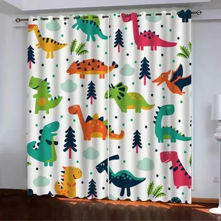 ZZTBQ Dinosaurier Muster Verdunklungsvorhänge mit Ösen Niedlich Cartoon Bunter Dinosaurier Druck2er Set H 160 x B 140 cm Thermovorhang gegen Kälte Ösenschal Dino Blickdichte Gardinen Schlafzimmer
