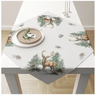 Ambiente Luxury Paper Products Tischläufer, Tischdecke Baumwolle 90x90cm mit Hirsch Winterwald Motiv braun|grün|weiß