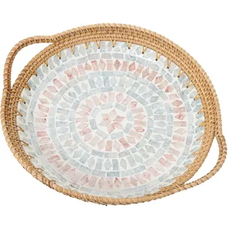 Rundes Tablett mit Griffen aus Perlmutt und Rattan, 40 x 33 x 5/7 cm