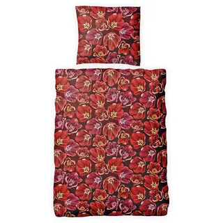 JACK Biber Bettwäsche 2 TLG. 135x200cm Blume Rot Pink Blumenmeer Reißverschluss