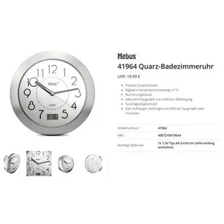 MEBUS Quarz Wanduhr 40 cm 41964 grau