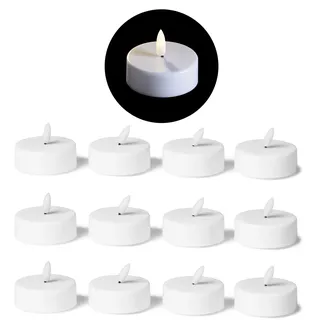 LED Teelicht Groß Mit Timer - 12er Set Warmweiß Kerze 3D Flamme Flackernd - 6cm Weiß Kunststoff 1x Batterie CR2032 Benötigt - Für Kerzenpick Auf Adventskranz