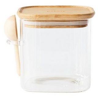 Pebbly Vorratsdose Pebbly Glasbehälter quadratisch mit Bambusdeckel + Löffel 800 ml, Borosilikatglas, Bambus, Silikon