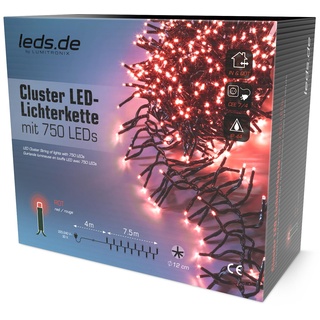 leds.de LED-Cluster Lichterkette rot, 750 LEDs, 7,5m I Weihnachtsbeleuchtung für außen I Umweltfreundliche Weihnachtsbaum Lichterkette I Büschellichterkette