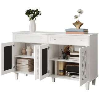 Sideboard Spiegel 140x40x83 cm, 4 Türen, 2 Schubladen, verstellbare Regale, Weiß, modern für Wohnzimmer & Flur