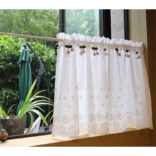 Yaland Baumwolle Scheibengardine mit Stickerei Blumen Muster Bistrogardine Landhaus Küchengardine Stangendurchzug Kleinfenster 1 Stück Weiß HxB 30x90cm