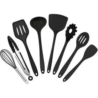 HaWare Küchenhelfer Set, 8 Stück Schwarz Silikon Küchenutensilien Kochutensilien Set, Hitzebeständiger Kochgeschirr Kochbesteck Set zum Kochen Backen, Gesund & Antihaft, Spülmaschinenfest