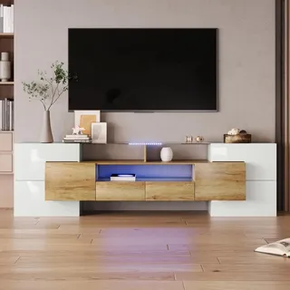 BTM TV Schrank 200 cm, LED Lowboard Hochglänzendes & Glasoberfläche, Möbel Fernseher Board Kommode Sideboard Cabinet Fernsehschrank (Weiß & Holz, 200x60x30cm)