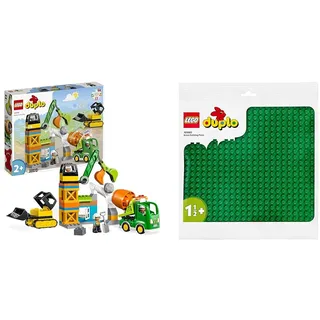 LEGO 10990 DUPLO Baustelle mit Baufahrzeugen, Kran & 10980 DUPLO Bauplatte in Grün, Grundplatte für DUPLO Sets, Konstruktionsspielzeug für Kleinkinder, Mädchen und Jungen