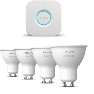 Philips Hue Starterpaket - GU10 - mit 4 Spots - Warmweißes Licht - inkl. 1 Hue Bridge - Hue White