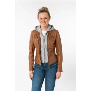 Lederjacke MAURITIUS "NOLA", Damen, Gr. XXL/44, braun (cognac), Obermaterial: 100% Schafsleder. Futter: 100% Baumwolle. Kapuze: 55% Polyester, 45% Baumwolle. Ärmelfutter: 100% Polyester, kontrastfarbene Details, sehr figurbetont kurz, Rundhals, 2-Naht-Ärmel mit Reißverschluss, Jacken, Two-in-One Style - mit abnehmbarer Jersey-Kapuze