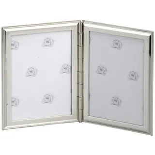 H.Bauer jun. Doppel Fotorahmen versilbert - eleganter Bilderrahmen für 2 Fotos, klappbar 2x 6x9 cm, glatt poliert mit Fadenoptik, stilvolles Geschenk für Hochzeit, Taufe & Jubiläum