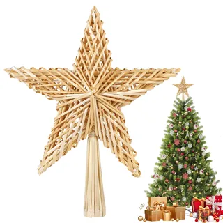 SALCAR Strohsterne 25CM Christbaumspitze Stern aus Stroh, handgemachter natürlicher Schmuck für Christbäume