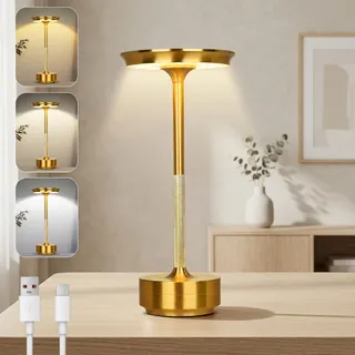 Rosnek Tischlampe Kabellose LED, 3 Farbtemperaturen Stufenlos Dimmbare Akku Tischleuchte, Touch Lampe mit USB-C, Gold Stylische Tischlampe Akku für Innen & Außenbereich, Metall Tischleuchte