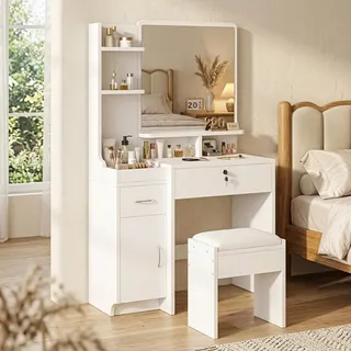 Dripex Schminktisch mit Hocker und Spiegel, Vanity Desk Set mit 2 Schubladen, 6 offenen Ablagefächern für Make Up, für kleine Räume, Weiß