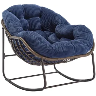 SeedWave Schaukelstuhl Übergrößen mit Handgewebtem Rattan, 15cm Kordstoff Gepolstertem Kissen, Eiförmiger Schaukelsessel mit rutschfester Basis, Stahlgestell blau