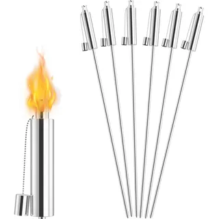 Froadp 6er Set Gartenfackeln für Draußen Öl 330ml Fackeln aus Edelstahl 115 cm Hoch Ölfackeln Lange Brenndauer Gartenfackel für Paraffinöl Pflanzenöl Citronellaöl Kerosin (Silber)